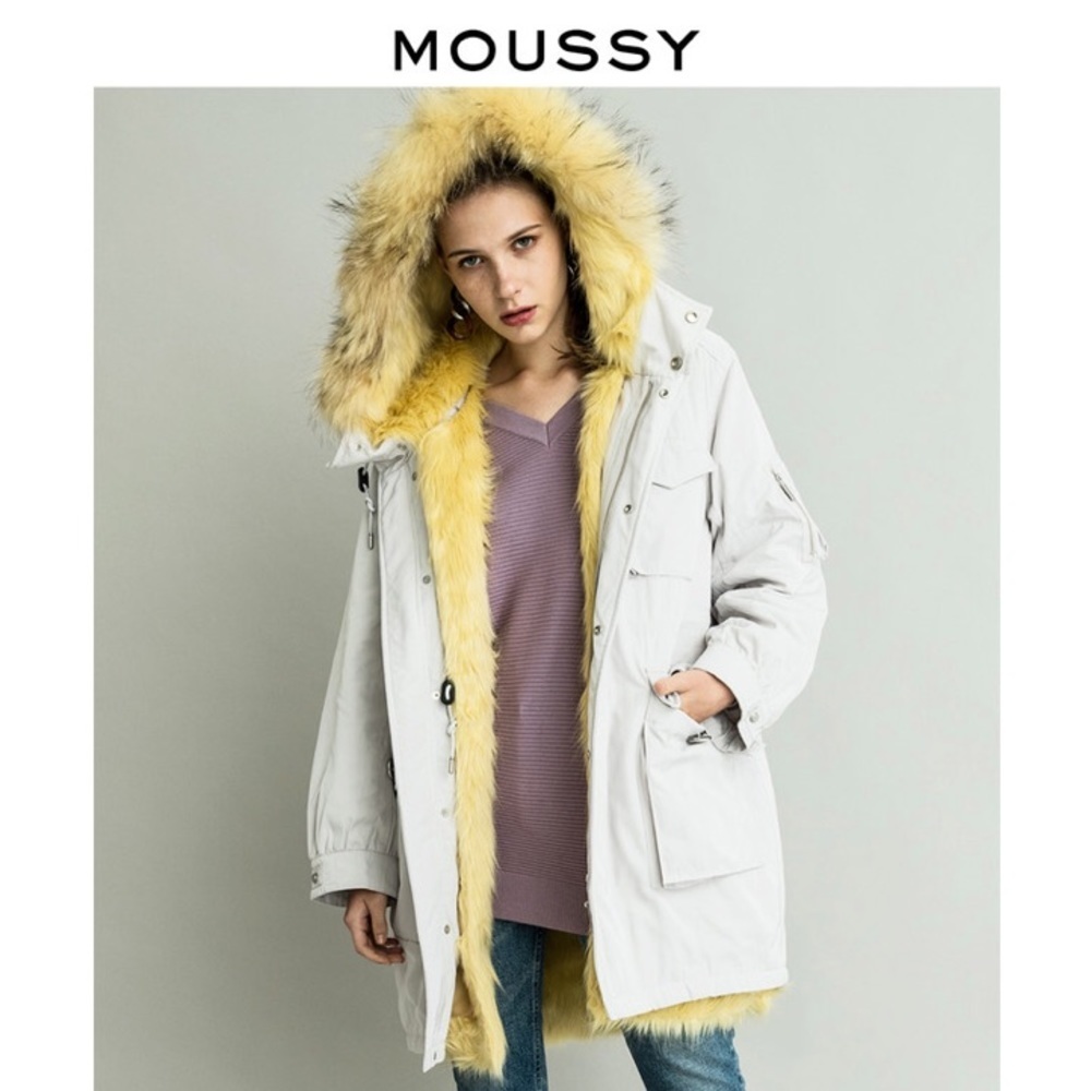 Moussy White and Yellow Fur-Trimmed Coat